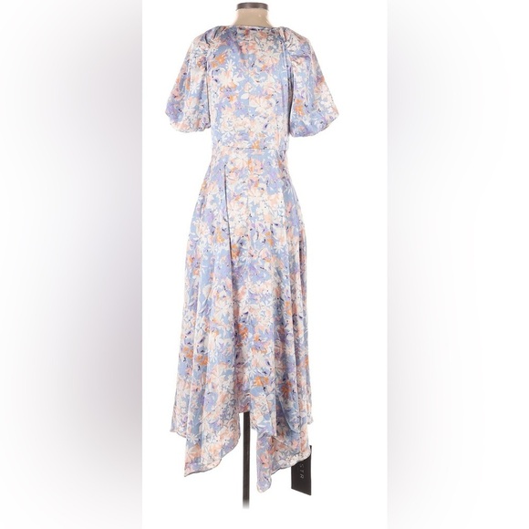 NWT ASTR Satin Floral Wrap Midi Dress XS Asymmetrical Sleeves Wedding Guest - Picture 11 of 16
